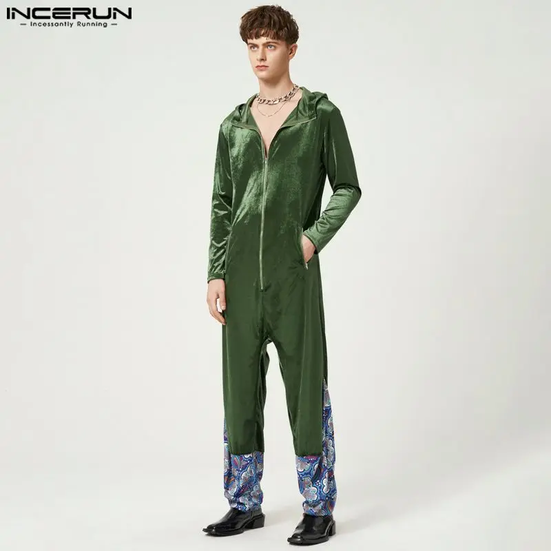 

INCERUN Men Jumpsuits Print Velour Patchwork Zipper Hooded Loose Casual Rompers Streetwear V Neck Long Sleeve Men Overalls S-5XL