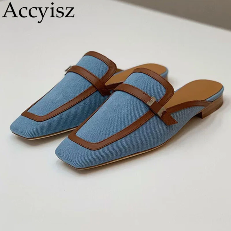 

Spring Cloth Closed Toe Half Slippers Women Mixed Color Deep Mouth Sandalias Breath Slides Outdoor Vacation Sandal Lazyman Mules