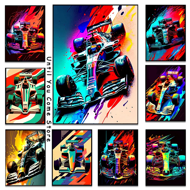 

Красочный неоновый постер F1 гоночный автомобиль, Картина на холсте, принты, настенное искусство F1, картина гоночного автомобиля для современной гостиной, украшение для дома, подарок