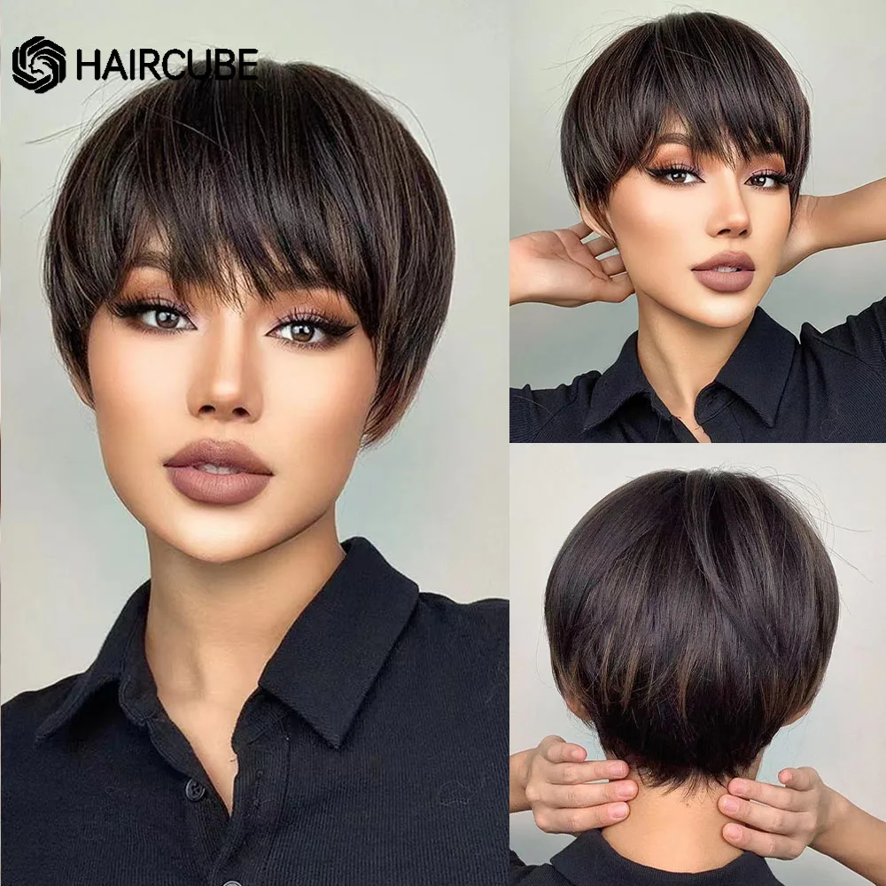 

HAIRCUBE Black Brown Highlight Synthetic Wigs Short Straight Wigs With Bangs for Black Women Daily Cospaly Heat Resistant Wigs