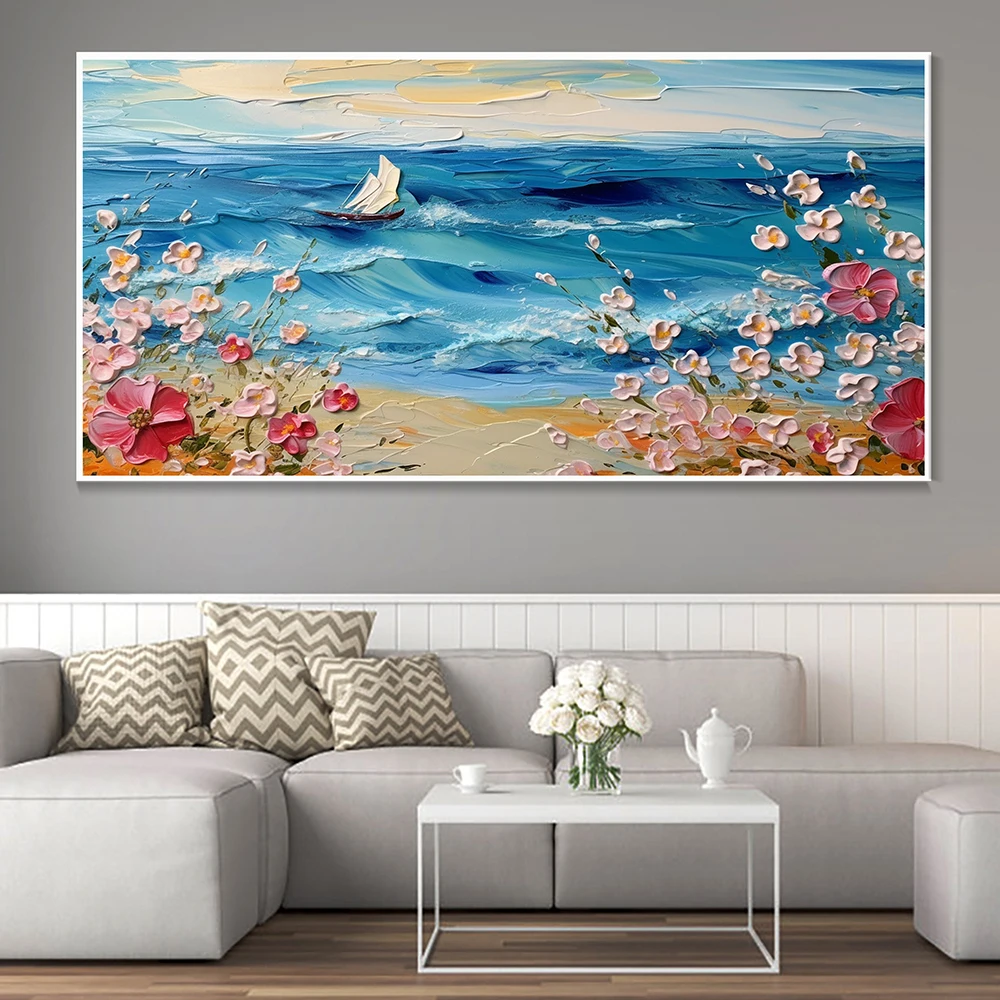 

Hand Painted Oil Painting Blue Ocean Scenery Hand Knife Painting White Wave Texture Wall Art Pink Sakura Original Oil Painting
