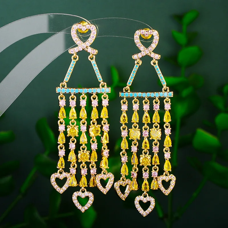 

Shining Cubic Zirconia Long Tassel Heart Dangle Earrings For Women Europe and America Luxury Brand Jewelry