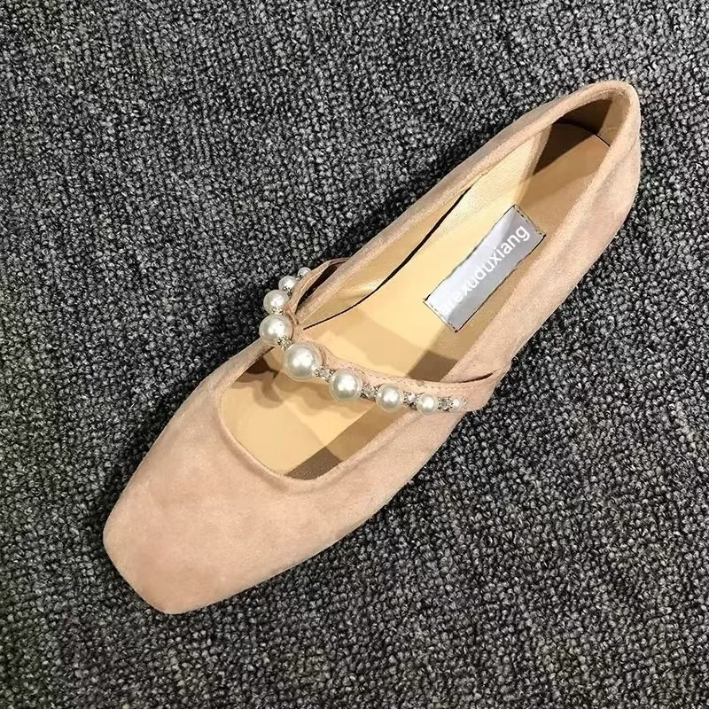 

Pearl Square Head Soft Sole Single Shoes 2024 New One Line Solid Color Flat Bottom Mary Jane Shallow Mouth Women's Shoes