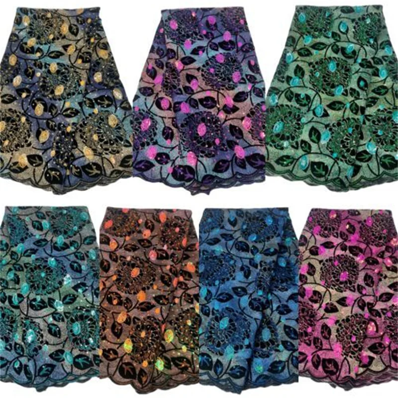African Flocked Lace Fabric Multicolor High Quality French Mesh Lace Fabric With Sequins Nigerian Lace Fabrics For Wedding Dress
African Flocked Lace Fabric Multicolor High Quality French Mesh Lace Fabric With Sequins Nigerian Lace Fabrics For Wedding Dress