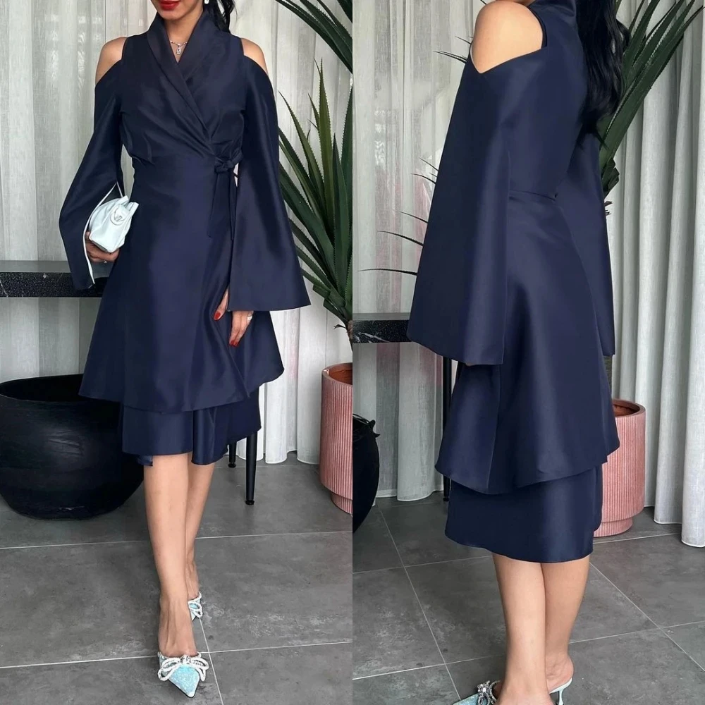 

Navy Prom Dress Saudi Arabia Modern Formal Evening Dresses High Collar A-line Tiered Satin Bespoke Occasion Party Dresses