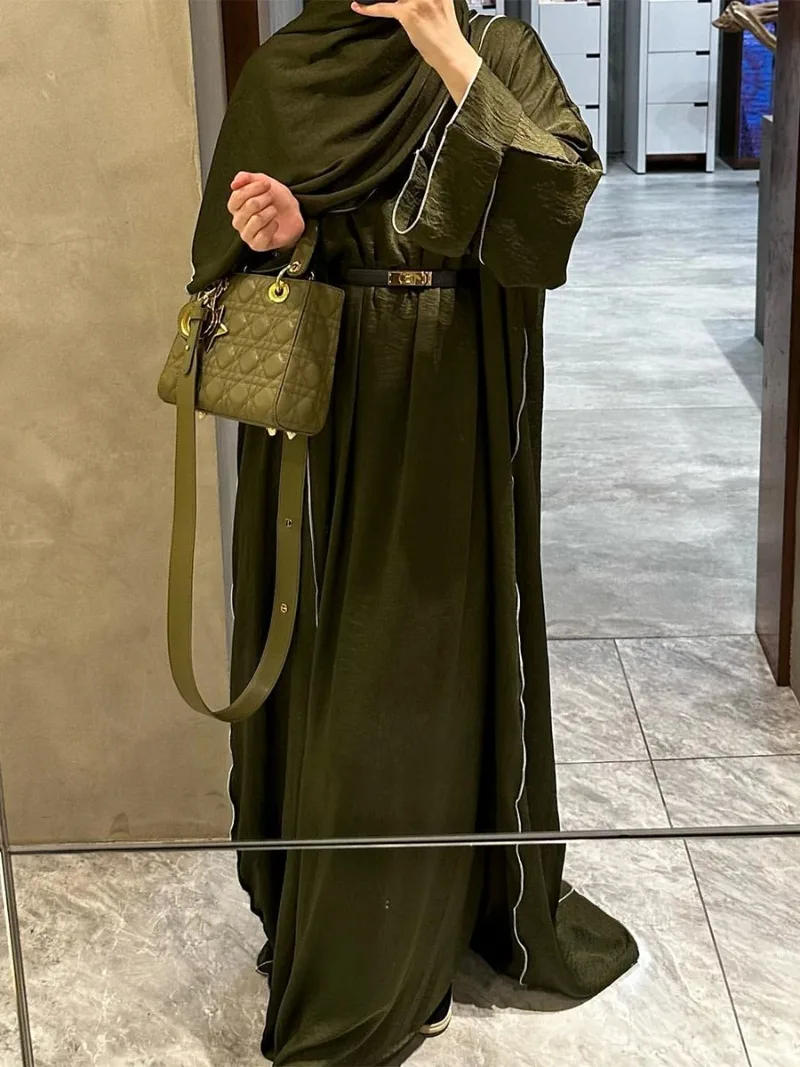 

Ramadan Saudi Khimar Hijab Women Belted Abayas 3 Piece Sets Short Sleeve Under Dress And Open Kimono With Headscarf Eid