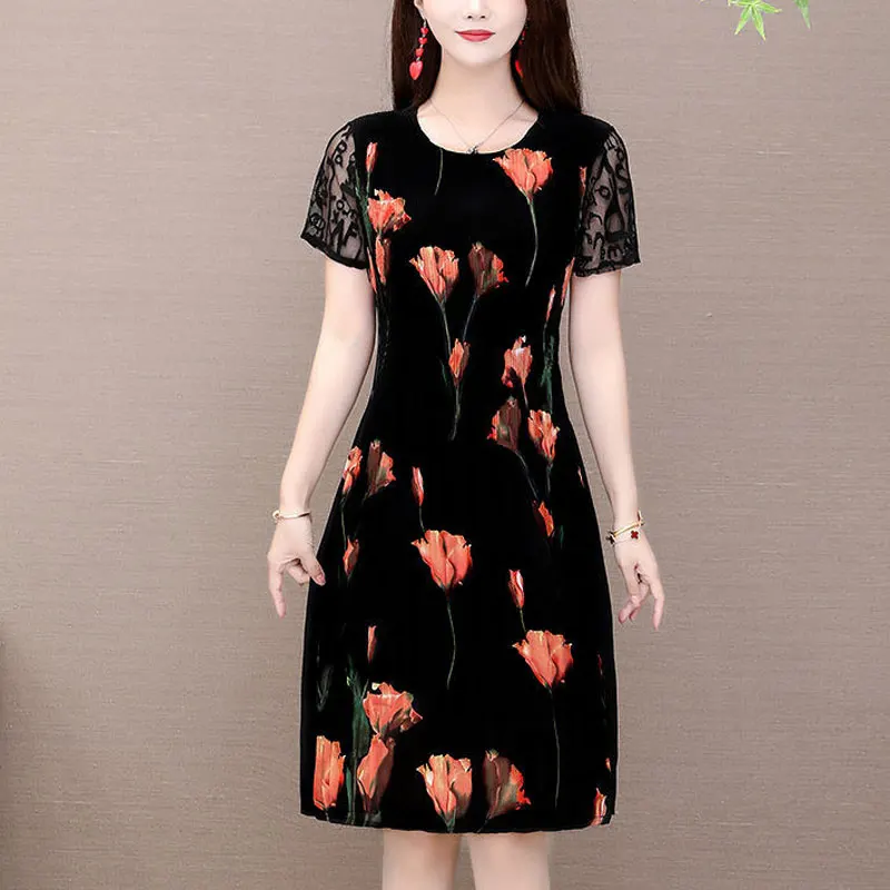 

Elegant Floral Printed Midi Dress Summer Short Sleeve Stylish Lace Spliced Slim Women's Clothing A-Line Waist Vintage Dresses