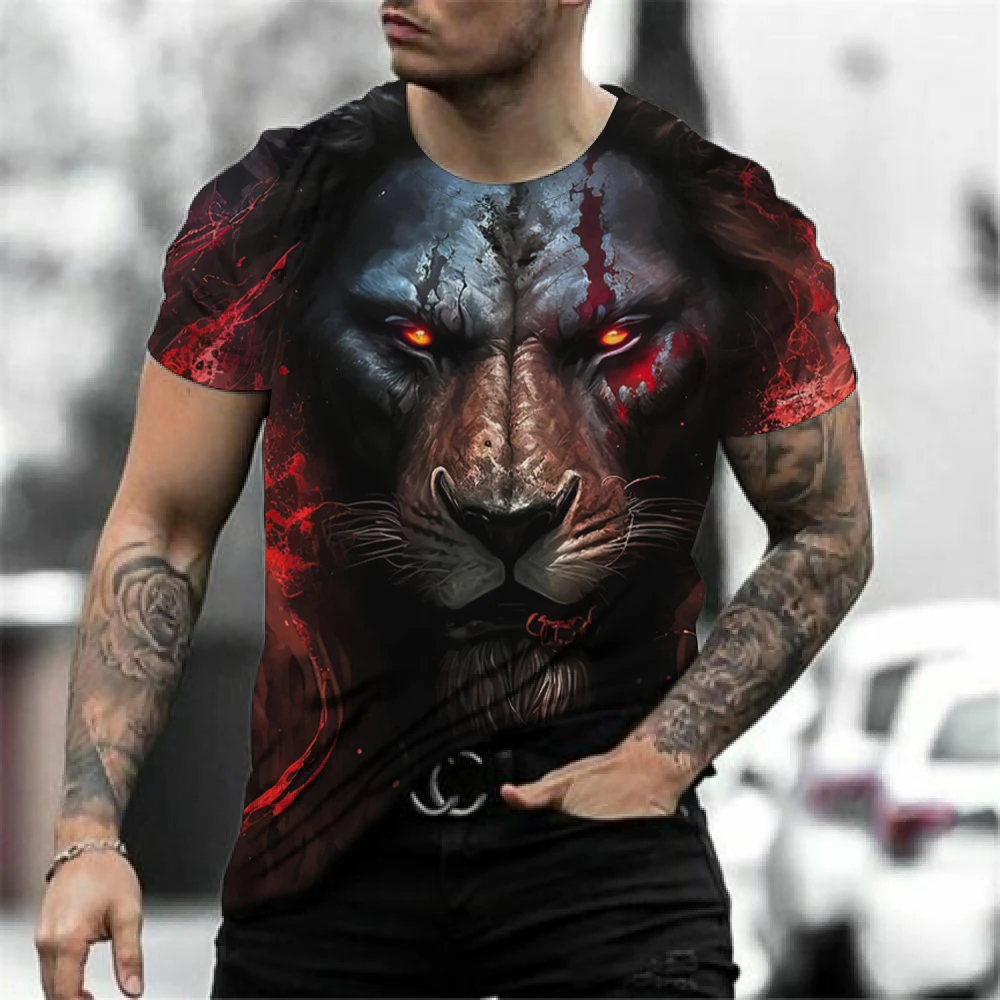 

Polyester Lion Fighting Animal Beast Fierce Lion Wolf 3D T Shirt New Summer Men's Oversized Short Sleeve Black and White Design