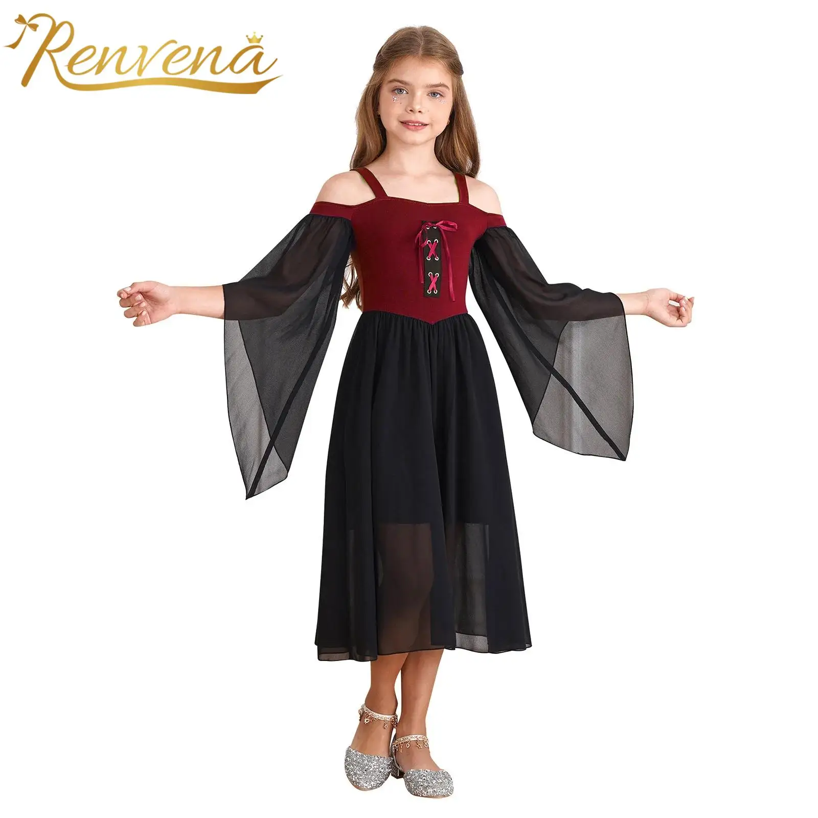 

Kid's Cosplay Princess Gothic Costume Medieval Renaissance Fancy Dress Up Girls Flowy Dresses For Halloween Theme Party Roleplay