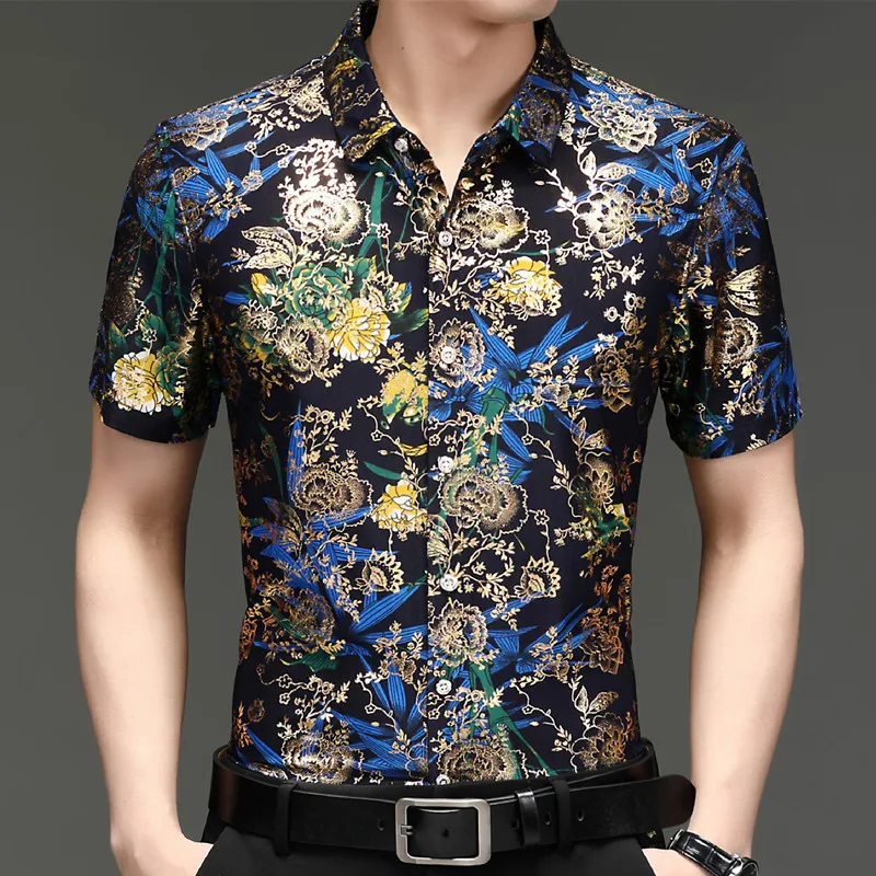 

Hawaiian Style Casual 80% Silk Shirts Men'S Short Sleeve Both Sides Chinese Nation Flower 2023 Beach Summer Clothes