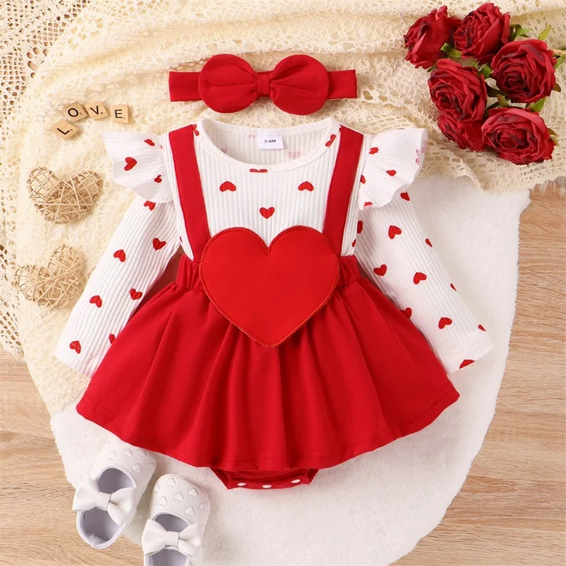 

SUNSIOM 0-18Months Baby Girls Valentine's Day Romper Dress Long Sleeve Ruffle Heart Letter Print Romper with Headband Outfit