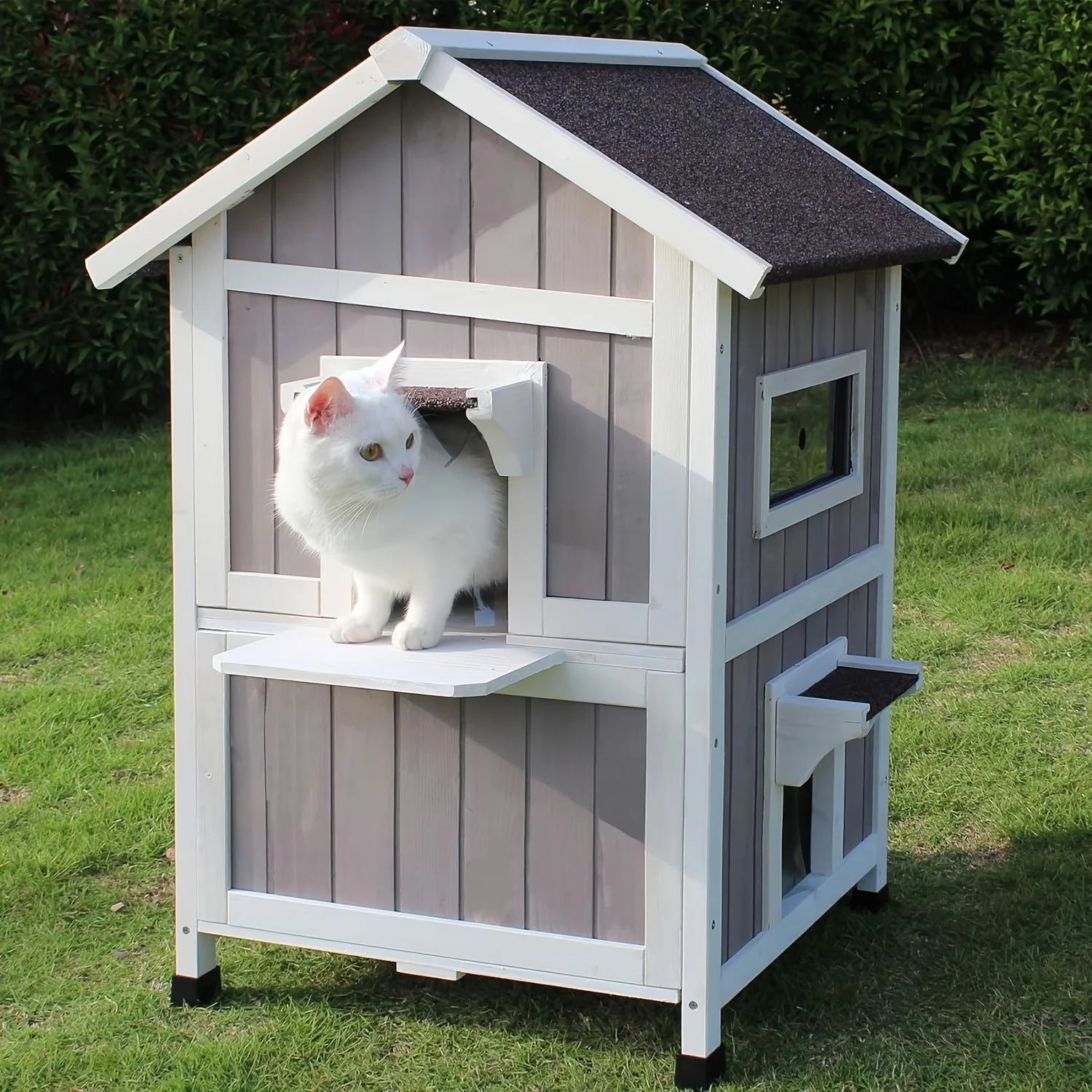 

Outdoor Cat House for Feral Cats, Weatherproof Outside Cat Shelter Wooden 2 Story Large Kitty House with Escape Door Cat accesor