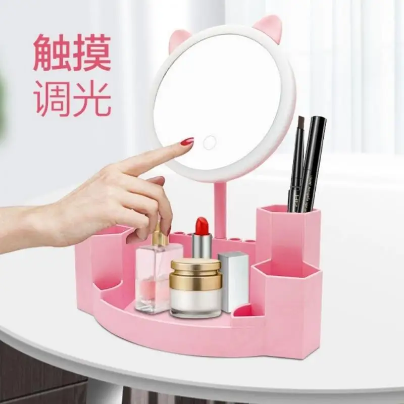 

Hello Kitty Led Desktop Vanity Mirror Cartoon Sanrios Rechargeable Makeup Mirror Anime Home Dresser Cute Storage Box Girl Gift
