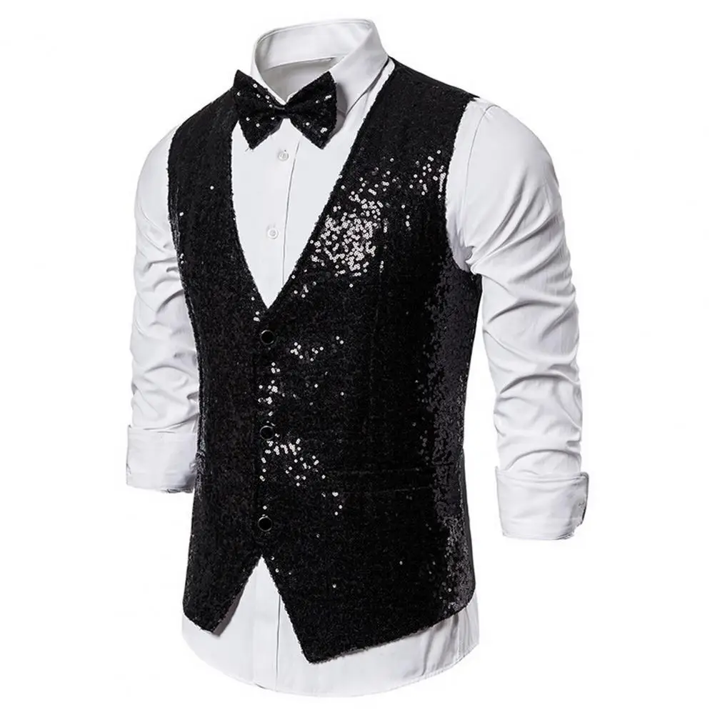 

Button Closure Men Vest Jacket Sequin Sleeveless Slim Fit Men's Vest Bow Set for Stage Show Emcee Performance for Men