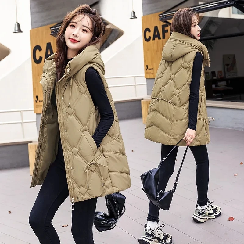 

2023 Autumn Winter New Korean Mid Length Sleeveless Hooded Loose Down Cotton Vest Female Coat Casual Waistcoat Women Parka Tops