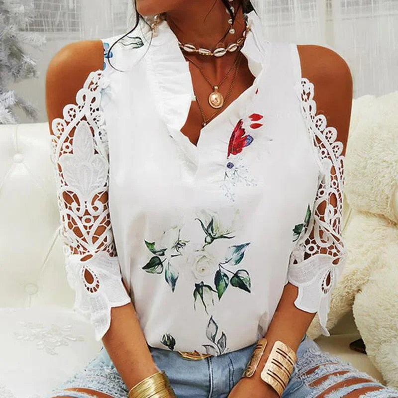 

Spring Summer Elegant Hollow Out Printed Women Blouses Sexy V-Neck Short Sleeve Lace Shirts Female Strapless Blouse Tops 19361