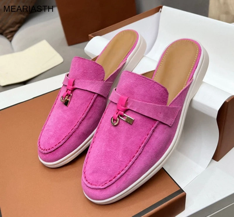 

meariasth Covered toe Flat Mules Summer Walk Slides Natural Suede Leather Loafers Comfort Casual Outdoor Slippers Women Shoes