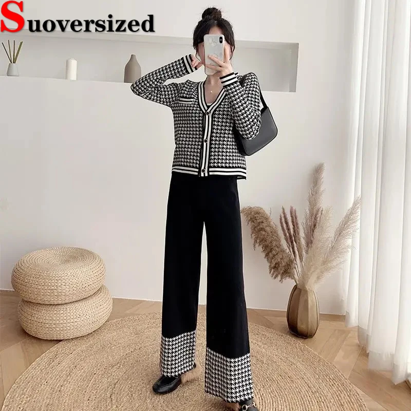 

Korean Houndstooth Knitted 2 Piece Sets Slim V Neck Cardigan Suit + Baggy Spliced Wide Leg Pants Conjuntos Elegant Women Outfit