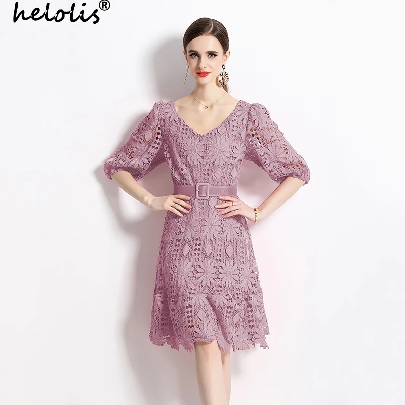 Helolis High Quality V Neck Water Soluble Lace Dress for Women Lantern Sleeve With Belt Mini Dresses Fashion Vintage Vestidos
Helolis High Quality V Neck Water Soluble Lace Dress for Women Lantern Sleeve With Belt Mini Dresses Fashion Vintage Vestidos