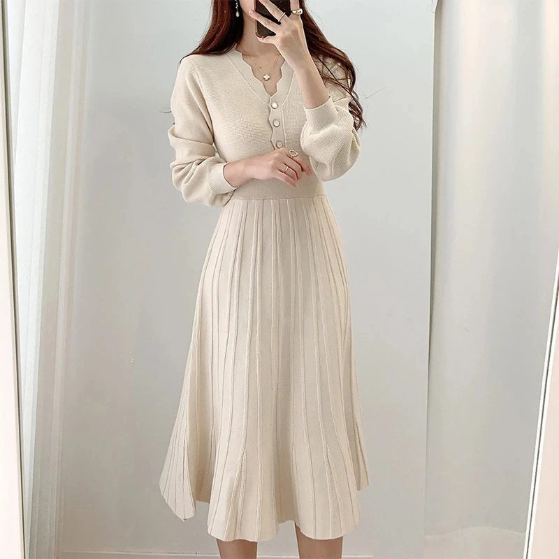 

ODFVEBX винтажное корейское платье, Осеннее тонкое женское платье-свитер с длинным рукавом, вязаное Элегантное Вечерние миди, женское платье 2023