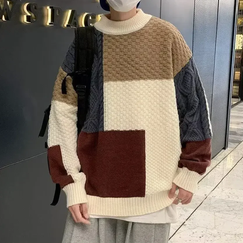 

Men's Clothing Crewneck Jacket Knit Sweater Male Round Collar Coat Spliced Pullovers X Over Fit Y2k Vintage Tops Korean Style A