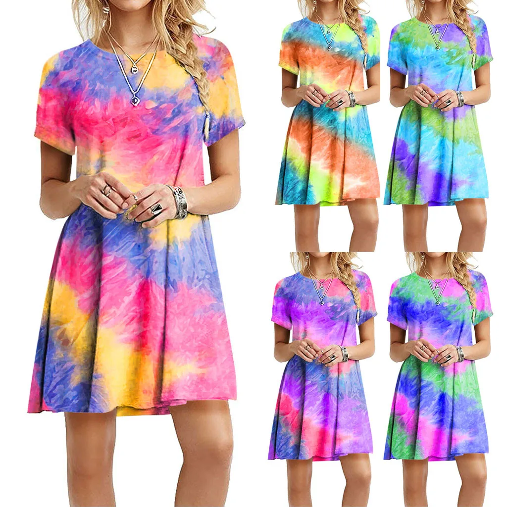 

Oversized Gradient Print Women Dress Sundress New 2022 Short Sleeve Rainbow Tie-Dye Loose Casual Party Mini Dress Vestidos