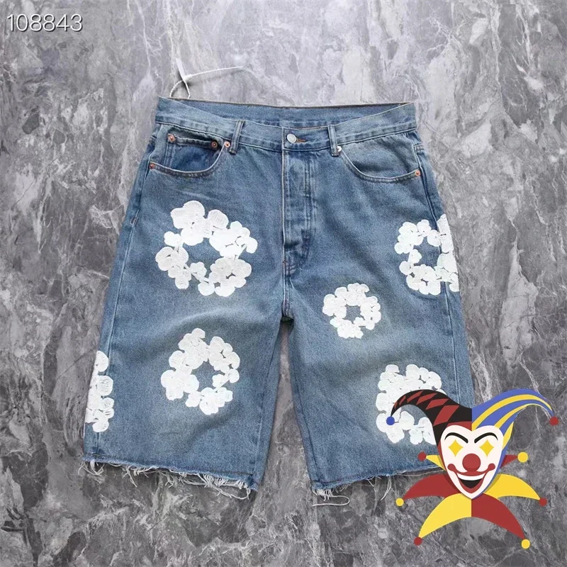 

Kapok Denim Embroidered Jeans Shorts Men Women 1:1 Top Quality Washed Vintage Kanye Shorts