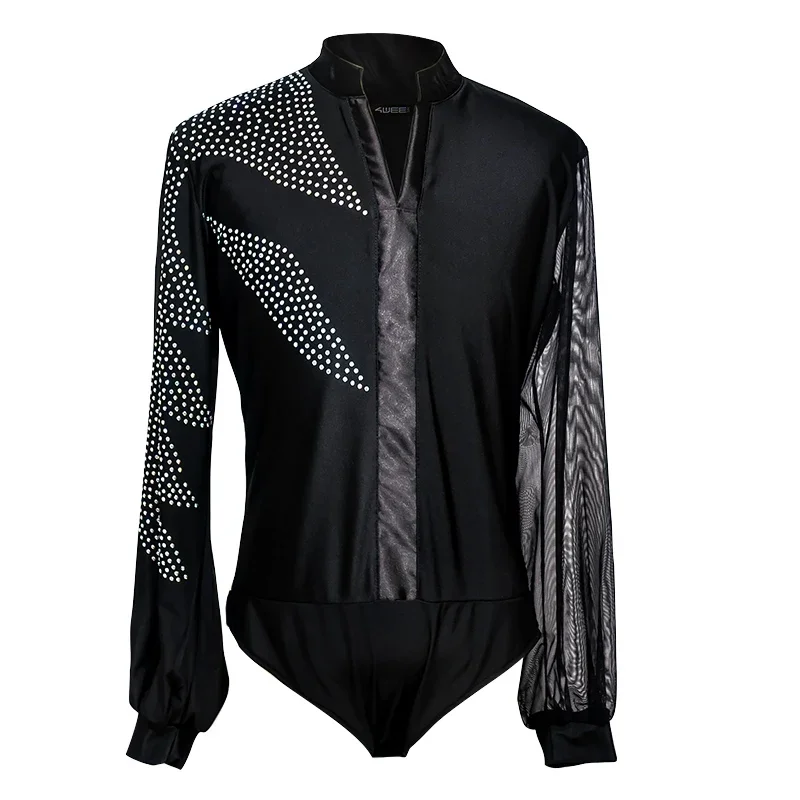 

Latin Dance Shirts Men Rhinestone Net Yarn Long Sleeve Competition Men's Dance Top Cha Cha Rumba Samba Dancewear Mens DNV10992