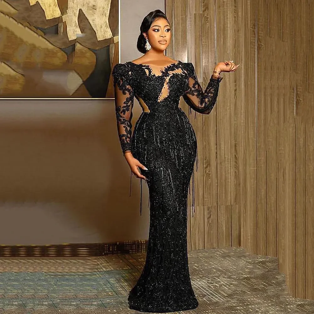 

Dubai Black Luxurious Mermaid Prom Dress Lace Applique Beaded Tassel Sheer Neck Formal Party Gowns Robe De Mariee Evening Dresse