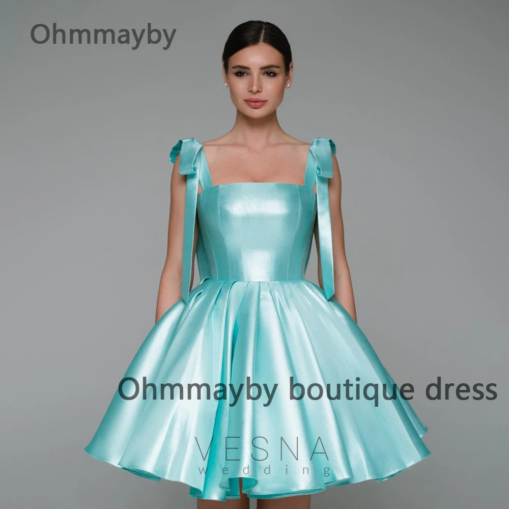 

Aqua Short Prom Dresses with Bow Pockets Strapless A Line Puffy Homecoming Party Dress for Women Party Cocktail Gowns