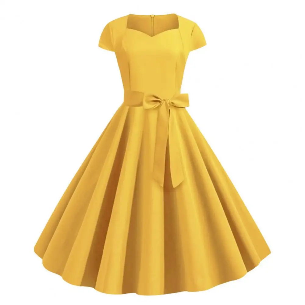 

Cocktail Dress Elegant V Neck A-line Midi Dress with Belted Bow Decor Retro Princess Style Women's High Waist Solid Color Swing