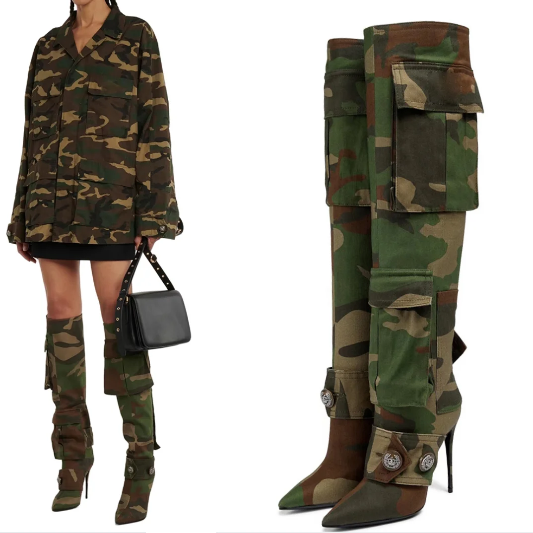 

Designer Dupe Luxury Dolce Camouflage Over The Knee High Heels Stiletto Pointed Toe Cardinale Camouflage Pocket Cowboy Boots