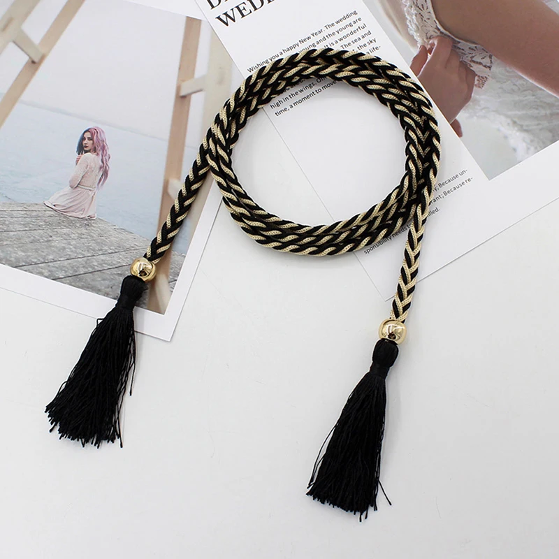 

Ladies Fringed Thin Waist Chain Skirt Decor Waist Strap Rope Knotted Mixed Color Braided Female Waist Belt
