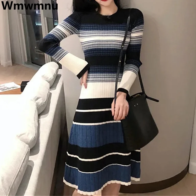 Stripe Knitted Midi Dress Slim O-neck Bottoming Sweater Dresses Korean Fashion Long Sleeve Vestidos Fall Women Knitwear Robe
Stripe Knitted Midi Dress Slim O-neck Bottoming Sweater Dresses Korean Fashion Long Sleeve Vestidos Fall Women Knitwear Robe
