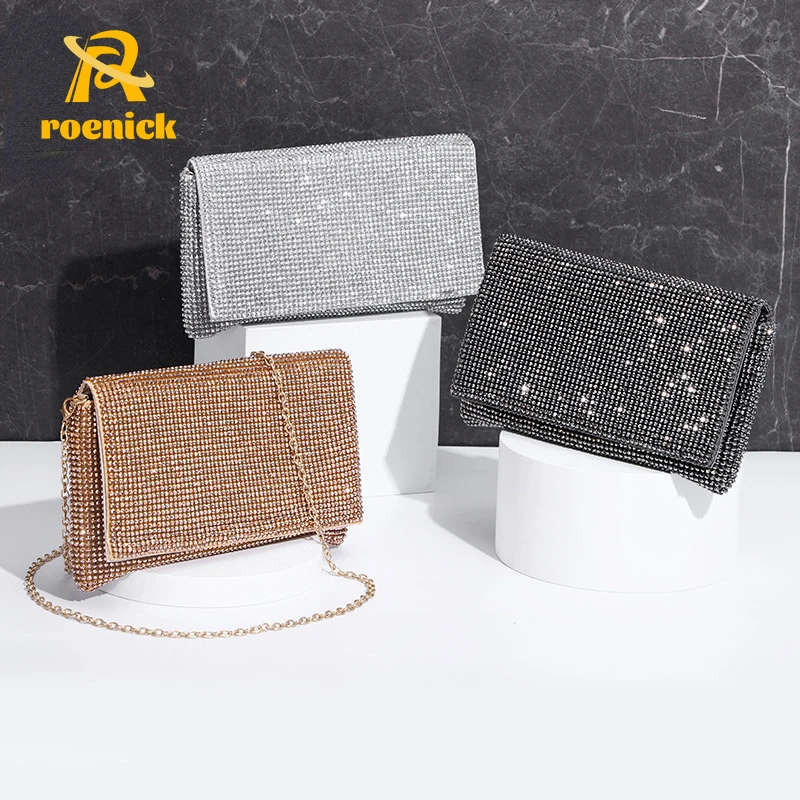 

ROENICK Women Diamonds Dinner Clutch Chain Shoulder Banquet Bridal Handbags Purses Party Club Mini Totes Flap Bead Evening Bags