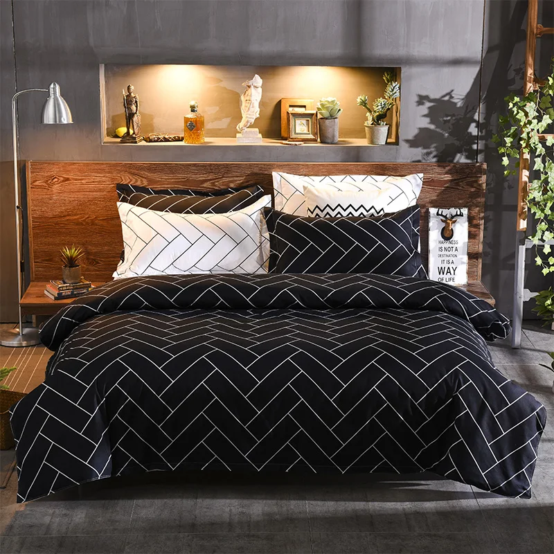 

Geometric Duvet Cover Set 3pcs Black and White Striped Bedding Set Modern Microfiber Reversible Stripe Pattern Comforter Cover