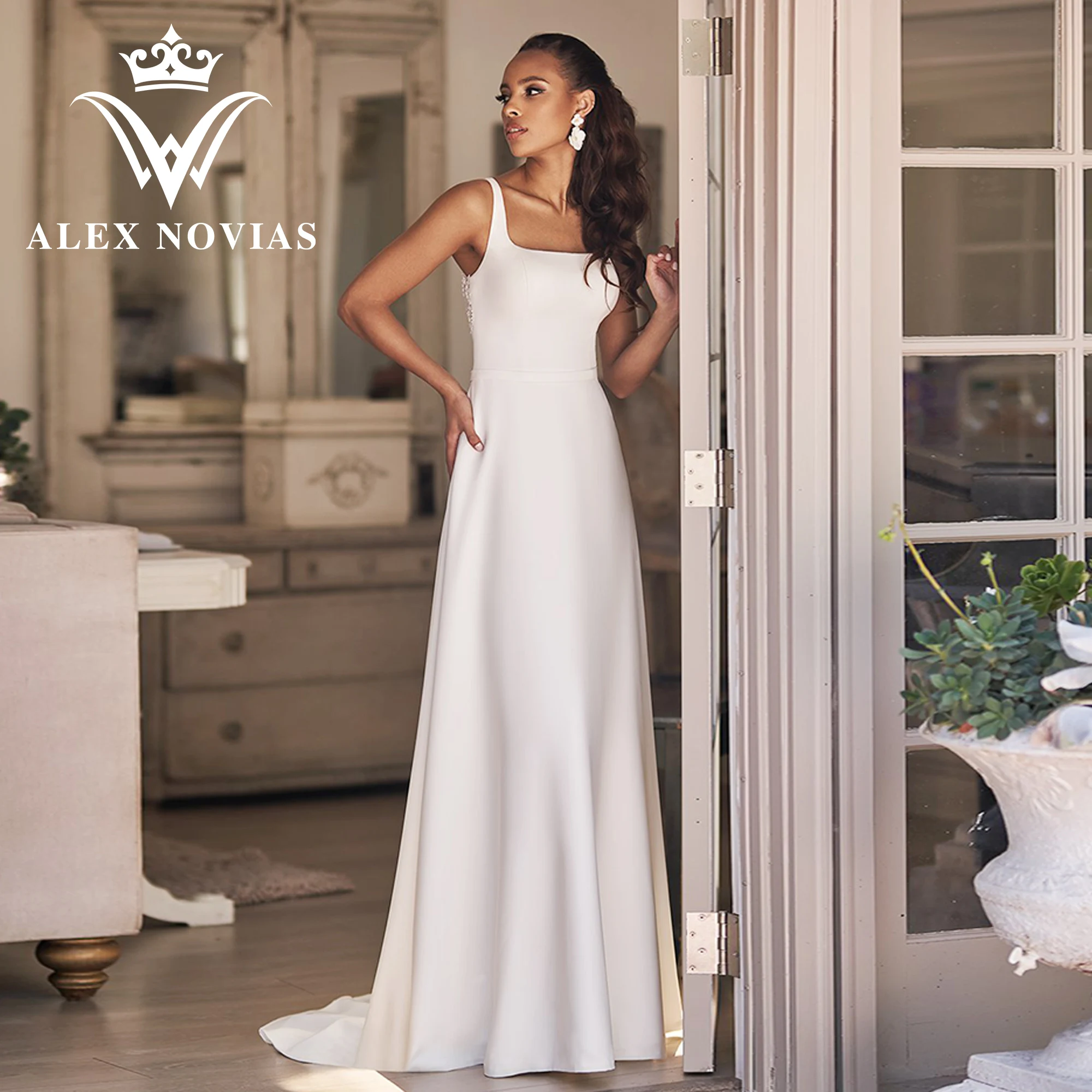 

ALEX NOVIAS A-Line BOHO Wedding Dress 2023 Spaghetti Straps Square Collar Appliques Satin Wedding Gown Vestidos Novias De Saten