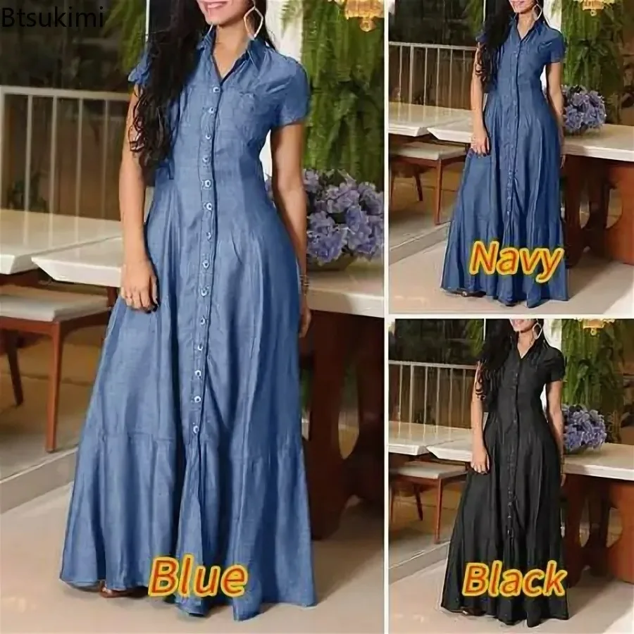 

2024 Women's Short Sleeve Denim Dress Pockets Design Loose Big Swing Women Clothing Elegant Casual Solid Long Dresses Plus Size