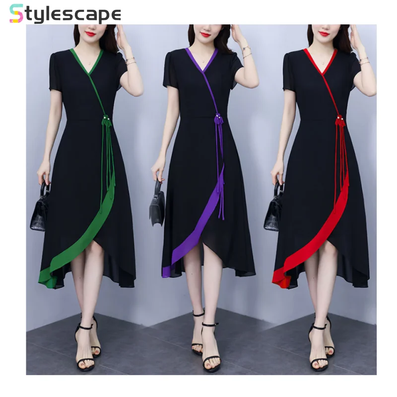 

Large French Socialite Chiffon Knee Length Skirt for Women's Summer New Slimming and Fashionable Color Blocking Irregular Dress