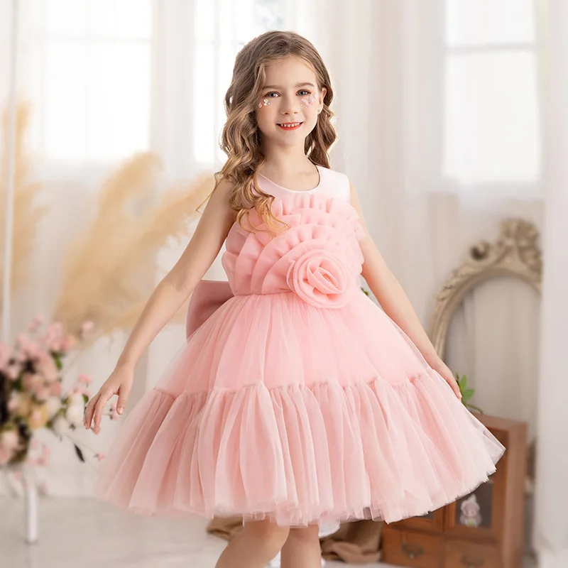 

Wedding Birthday Dresses For Girls 3-8 Years Elegant Party Bow Tutu Christening Gown Kids Children Formal Pageant Clothes