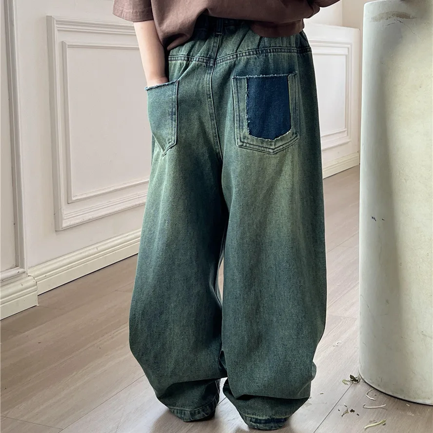 

Детские джинсовые брюки, Новинка весна-лето 2024, винтажные джинсы с необработанным краем для мальчиков и девочек, модные повседневные джинсы в Корейском стиле