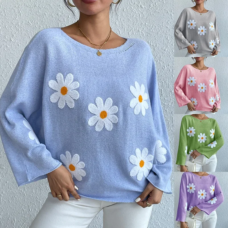 

Женский свитер с цветочным принтом, Осень-зима, простой пуловер, вязаный эластичный джемпер, повседневный плотный теплый Y2k, корейский жаккардовый джемпер с надписью