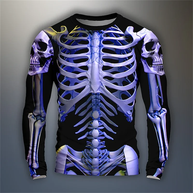 

3D Print Skeleton Skulls Pattern T Shirts Men Long Sleeve Casual Fashion T-shirt Top Sweatshirt Breathable Streetwear Loose Tees