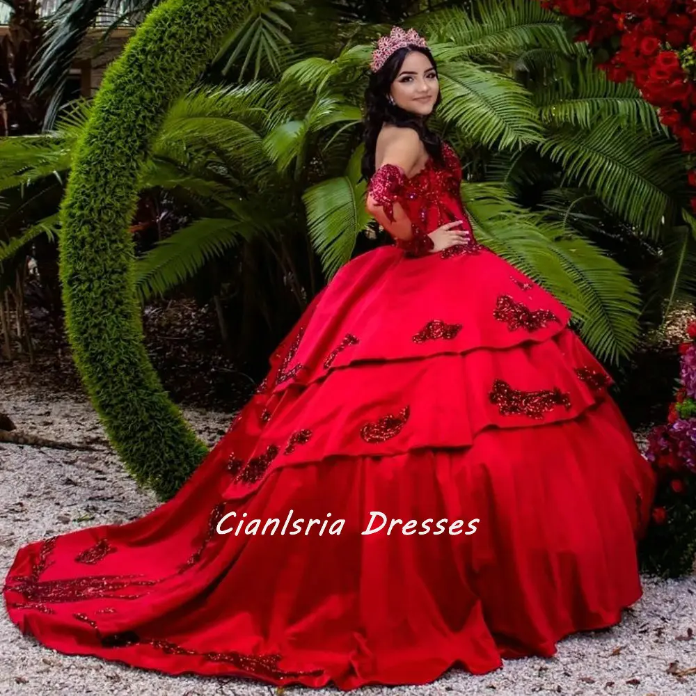 

Red Strapless Sequined Appliques Quinceanera Dresses Ball Gown Detachable Sleeve Tiered Skirt Sweet 16 Vestidos De 15 Años