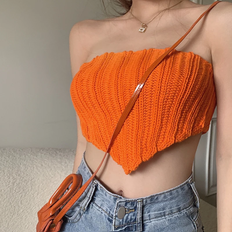 

Fashion Women's Crop Tops Knit Bandeau Tube Top Strapless Sleeveless Solid Color Hanky Hem T-shirt Summer Camis Streetwear Y2k