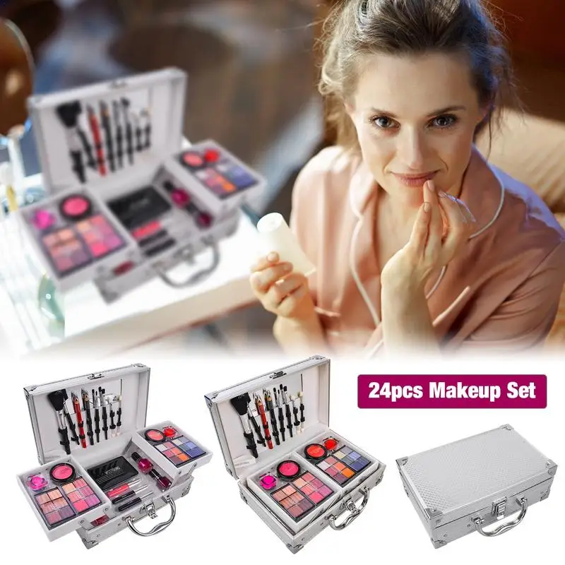 

24pcs Makeup Set Include Eyeshadow Blusher Nail Polish Eyeliner Mascara Lip Gloss Lip Pencil Applicator Eyebrow Brush Beauty Box