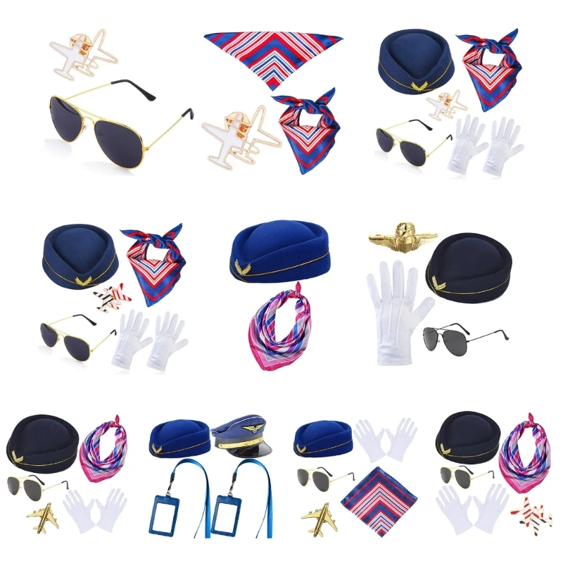 

Multiple Color Stewardess Hat+Sunglasses+Kerchiefs/Gloves/Brooch Adult Woman Halloween Carnivals Role Play Costume