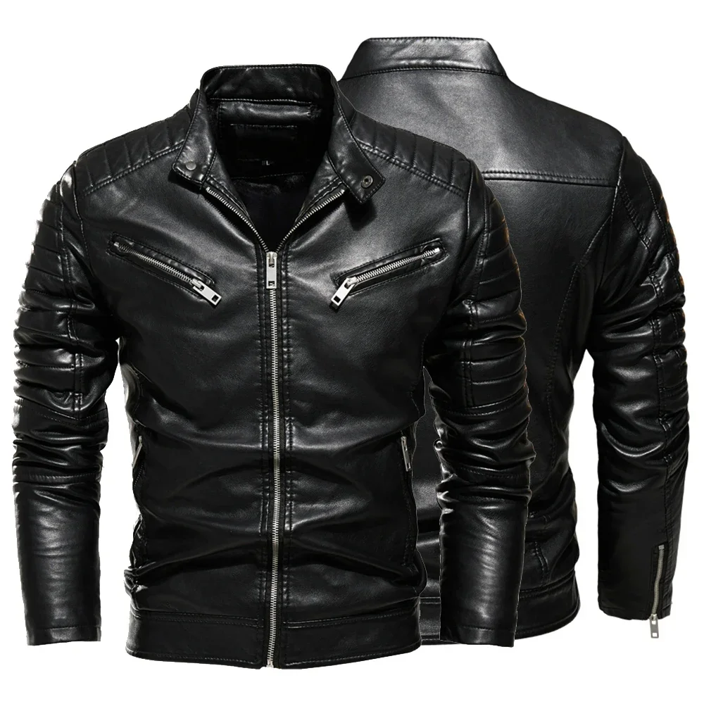 

2024 Winter Black Leather Jacket Men Fur Lined Warm Motorcycle Jacket Slim Street Fashion BLack Biker Coat Pleated Design Zipper