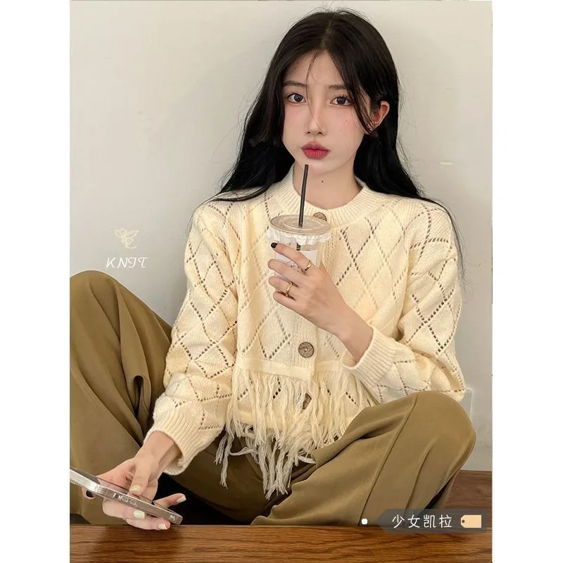 

Korean Hollow Out Tassel Knit Cardigan Women Round Neck Fashion Gentle Solid Soft Glutinous Loose Winter Sweater Sweet Coat Top