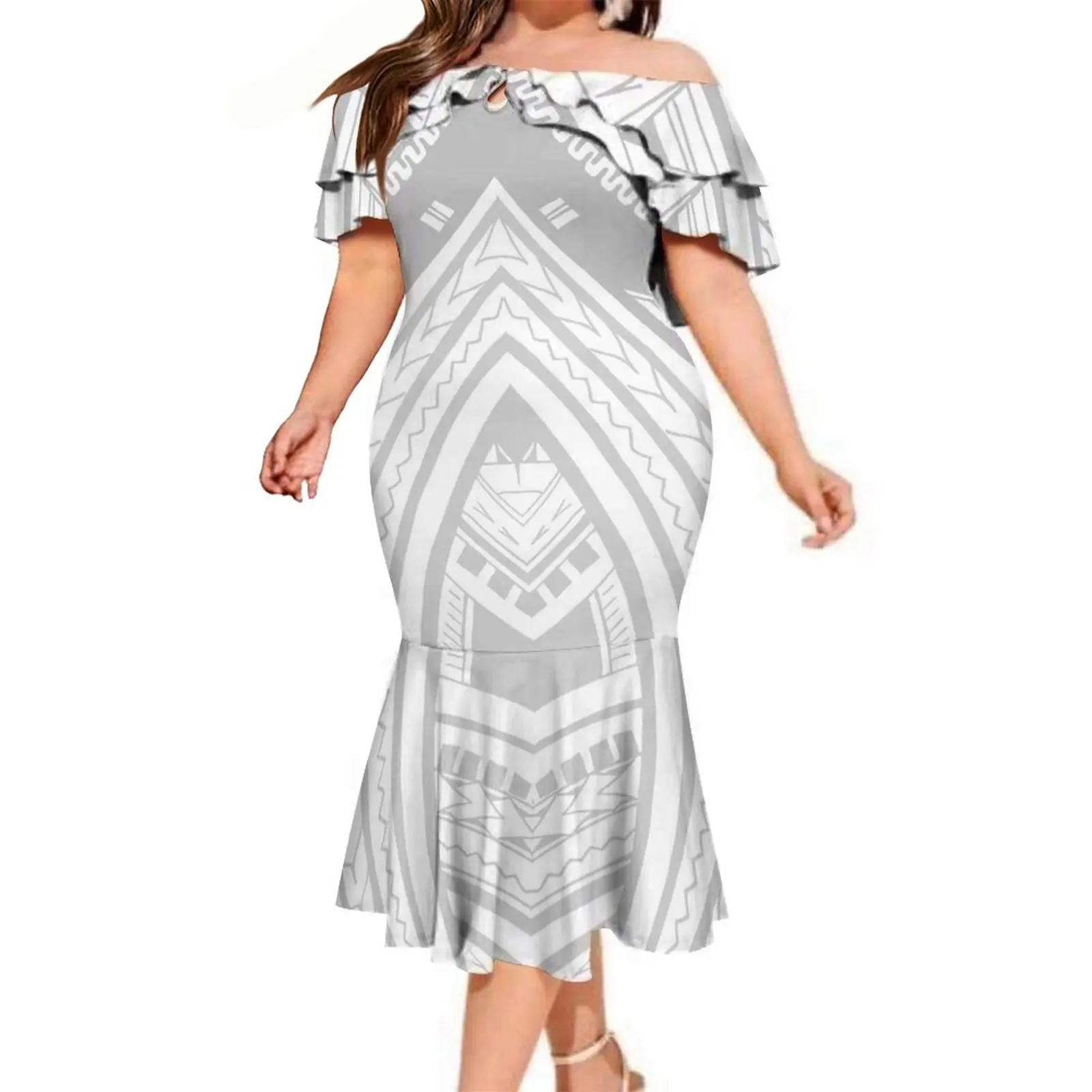 

mother day gift Polynesian Dress White Samoan Tribal Design Layered Ruffle Midi Mermaid Dresses Women Lady Elegant Frill dress